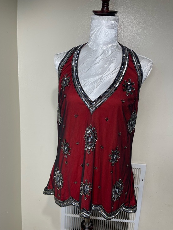 Adrianna Papell Tops - 90s Vintage Red Halter Top Sequins Adrianna Papell Lace Overlay X-Large